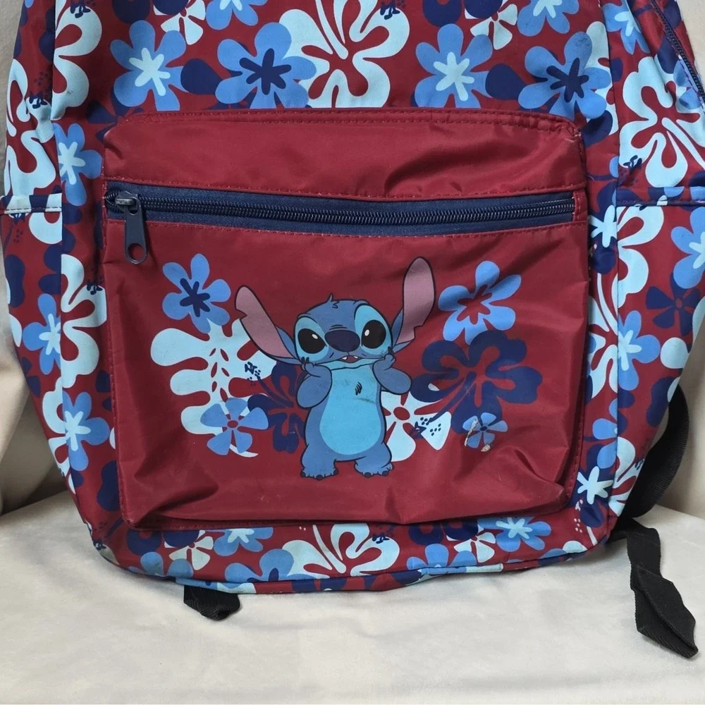 Disney Bioworld Stitch Kids Backpack Floral Pattern Red Blue Adjustable Strap